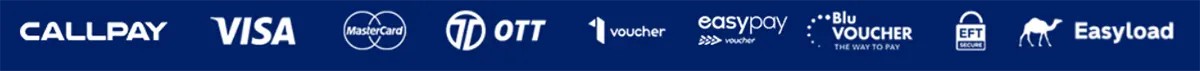 Horizontal strip of payment method logos on a blue background, including Callpay, Visa, Mastercard, OTT, 1Voucher, easypay voucher, Blu Voucher, EFT Secure, and Easyload.