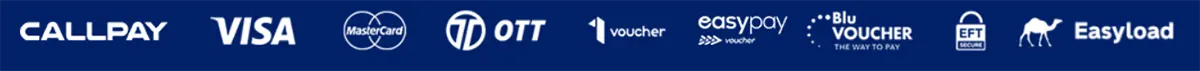 Horizontal strip of payment method logos on a blue background, including Callpay, Visa, Mastercard, OTT, 1Voucher, easypay voucher, Blu Voucher, EFT Secure, and Easyload.
