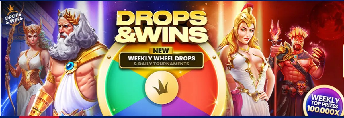 Drops & Wins” promo banner with fantasy gods and warriors around a colourful prize wheel, advertising “New Weekly Wheel Drops & Daily Tournaments” and a badge for weekly top prizes up to 100,000x.
