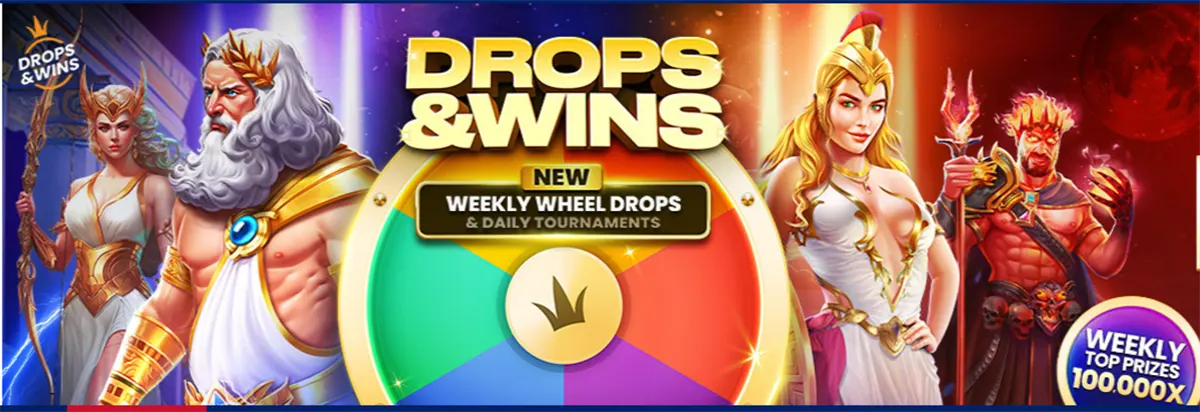 Drops & Wins” promo banner with fantasy gods and warriors around a colourful prize wheel, advertising “New Weekly Wheel Drops & Daily Tournaments” and a badge for weekly top prizes up to 100,000x.