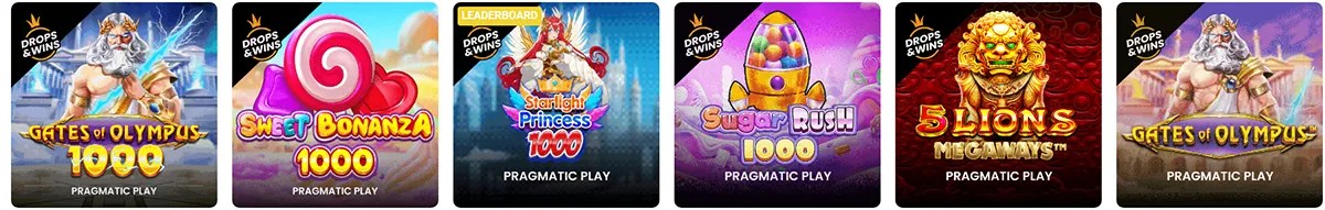 Row of “Drops & Wins” slot promo tiles for Pragmatic Play games, including Gates of Olympus 1000 (two variants), Sweet Bonanza 1000, Starlight Princess 1000, Sugar Rush 1000, and 5 Lions Megaways.