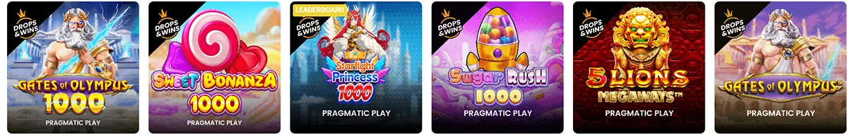 Row of “Drops & Wins” slot promo tiles for Pragmatic Play games, including Gates of Olympus 1000 (two variants), Sweet Bonanza 1000, Starlight Princess 1000, Sugar Rush 1000, and 5 Lions Megaways.